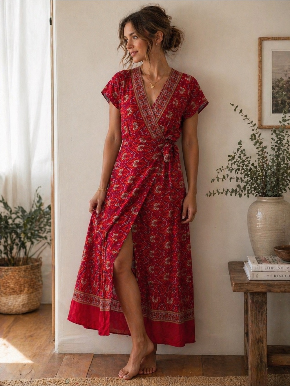 Temofon Red Floral Wrap Midi Dress XS Boho Short Sleeve Tie Waist EUC